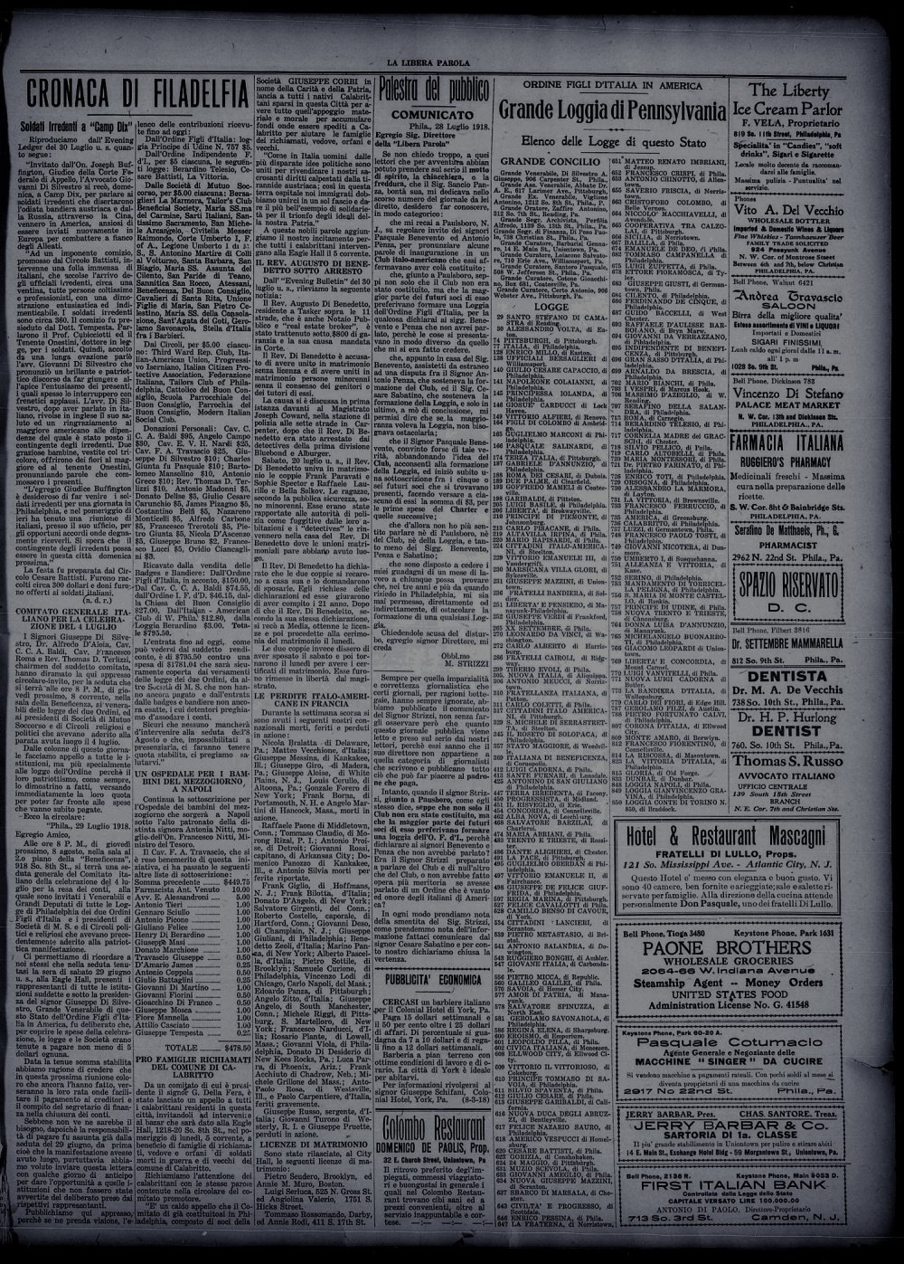 Terza pagina del giornale Libera Parola 1901 Philadelphia