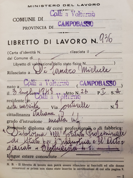 Libretto di lavoro di Michele Di Sandro